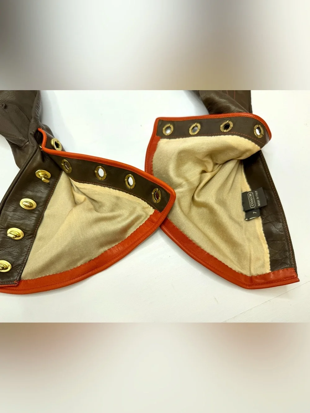 COACH Made in Italy Brown Leather Opera Long Gloves Brass Turnlock Size 7  14”